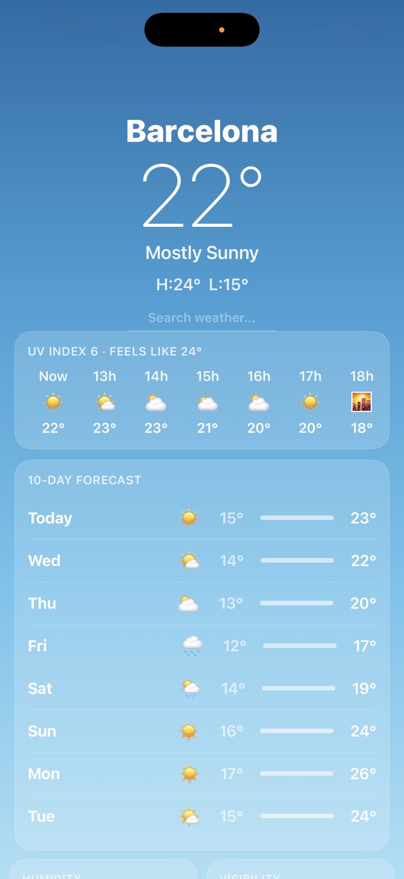 An ordinary weather app showing Barcelona, 22 degrees and mostly sunny, with an hourly and ten-day forecast. This is the disguise SafeHaven hides behind.
