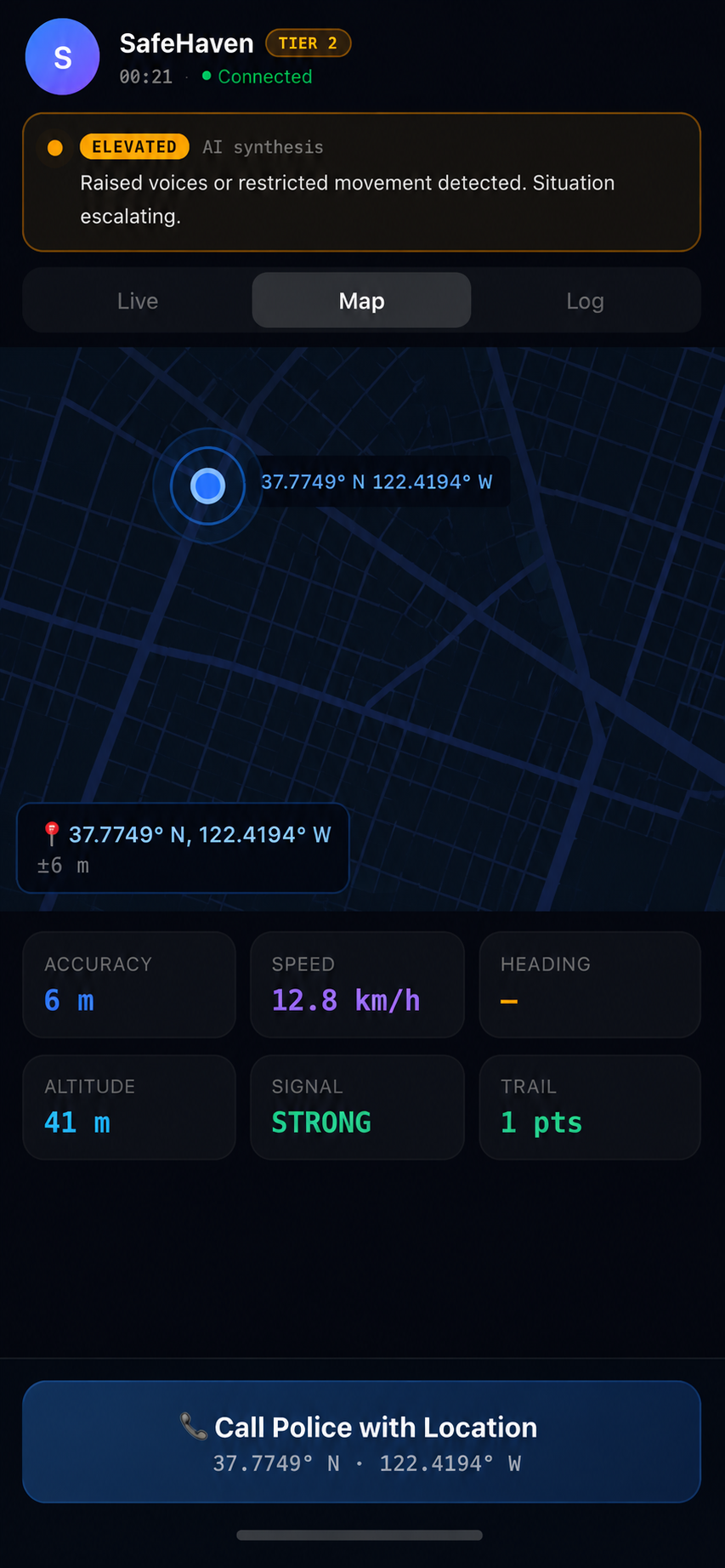Map tab: the sender's real-time location on a dark map, with accuracy, speed, heading, altitude and signal readouts.